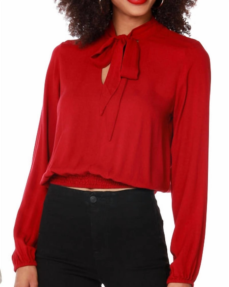 Front of a model wearing a size Large Tie Neck Blouse in Red in Red by bobi. | dia_product_style_image_id:326666